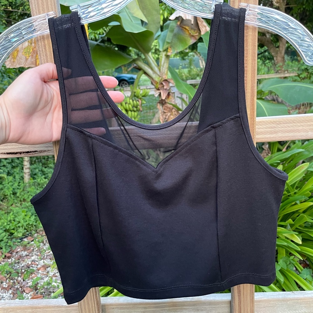 Zenana Black Crop Top with Sheer Mesh Inset